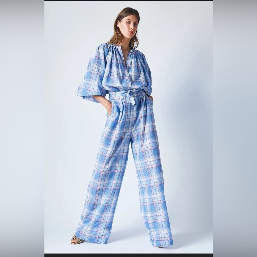 Light Blue Plaid Wide-Leg Jumpsuit with Tie Waist